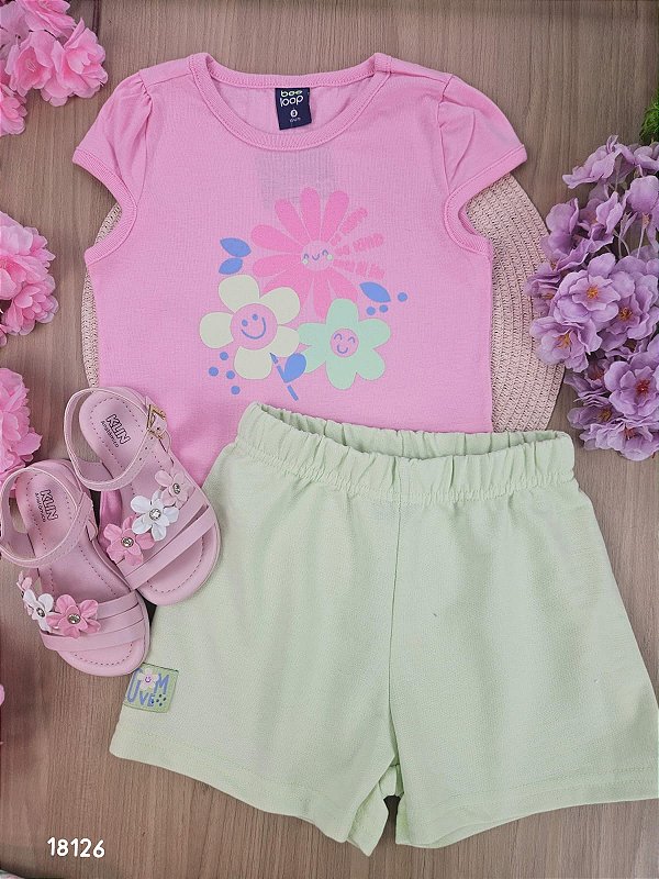 CONJUNTO BLUSA MEIA MALHA SHORT MOLETOM ROSA PRISMA BEE LOOP