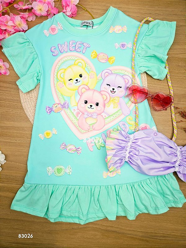 Vestido em Meia Malha. Acompanha Bolsa Infanti Menina