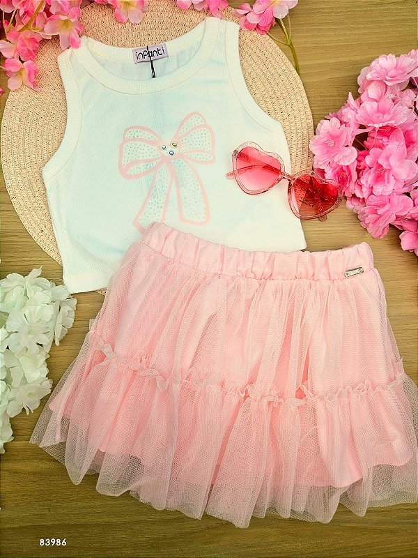 Conjunto de Regata Cropped em Canelado Liz e Saia em Tule. Com Shorts Embutido Infanti Infantil Menina