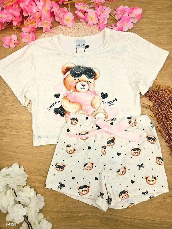 Conjunto de Pijama de Blusa Boxy Over em Malha Fresh com Shorts em Malha Comfy Infanti Infantil Menina