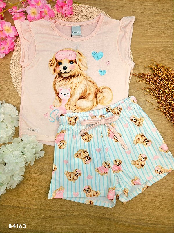 Conjunto de Pijama de Blusa em Malha Fresh e Shorts em Malha Comfy Infanti Infantil Menina