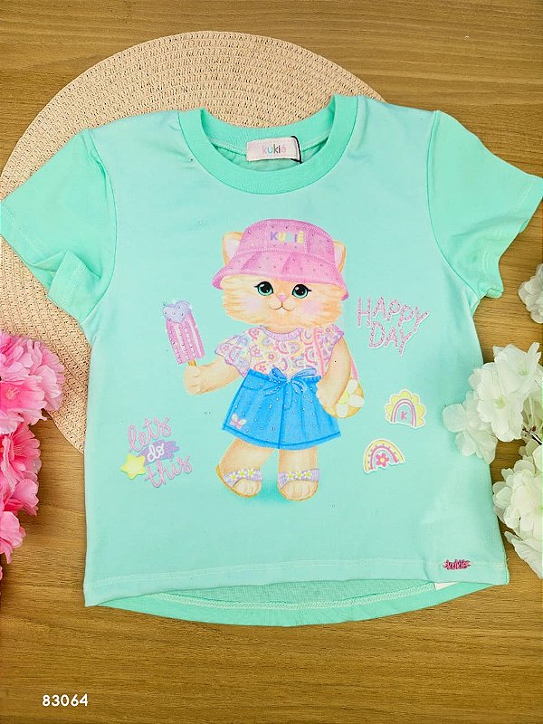 Blusa Gatinha e Sorvete em Meia Malha Kukiê Infantil Menina