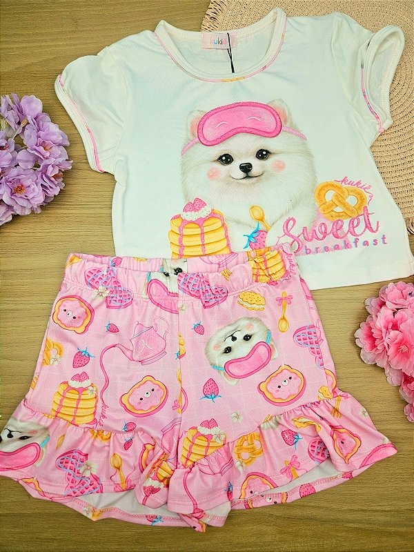 Conjunto de Pijama de Blusa Boxy em Meia Malha e Shorts em Malha Comfy Kukiê Infantil Menina