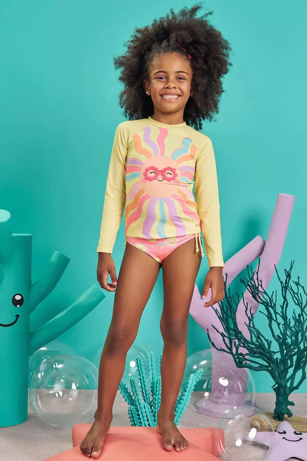Conjunto de Biquíni e Blusa em Malha com Proteção UV 50+ Kukiê Infantil Menina