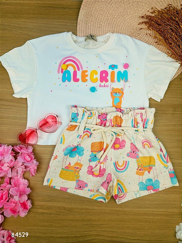 Conjunto de Boxy Over em Meia Malha e Shorts em Moletom Linho Kukiê Infantil Menina