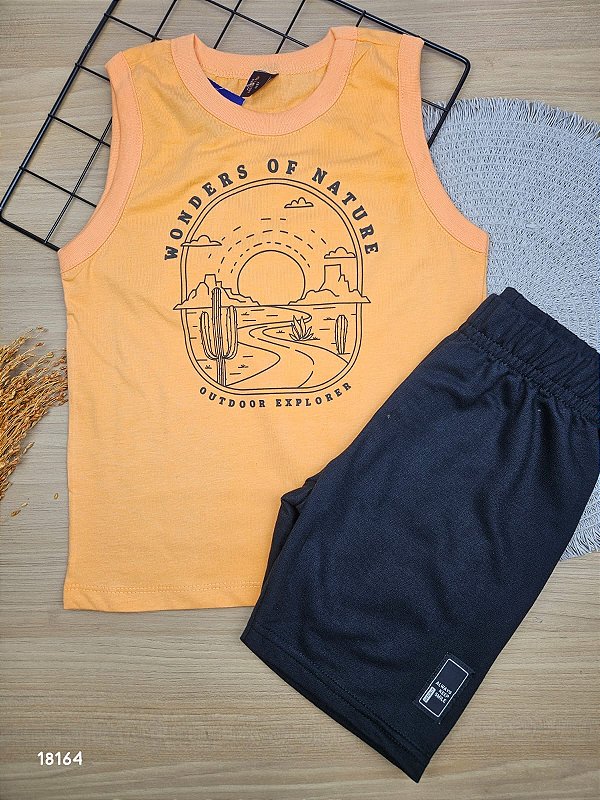 Conjunto Regata e Bermuda em Moletom Sem Felpa Laranja Bee Loop