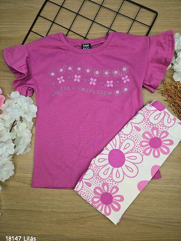 Conjunto Blusa Malha e Bermuda em Cotton Lilás Neon Bee Loop