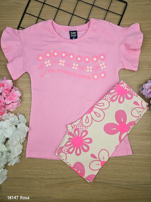 Conjunto Blusa Malha e Bermuda em Cotton Rosa Prisma Bee Loop