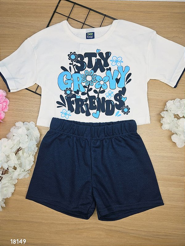 Conjunto Blusa Malha e Bermuda em Moletom Natural Bee Loop