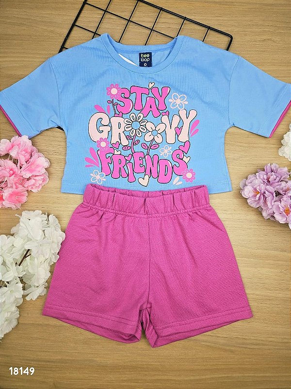 Conjunto Blusa Malha e Bermuda em Moletom Azul Sereno Bee Loop