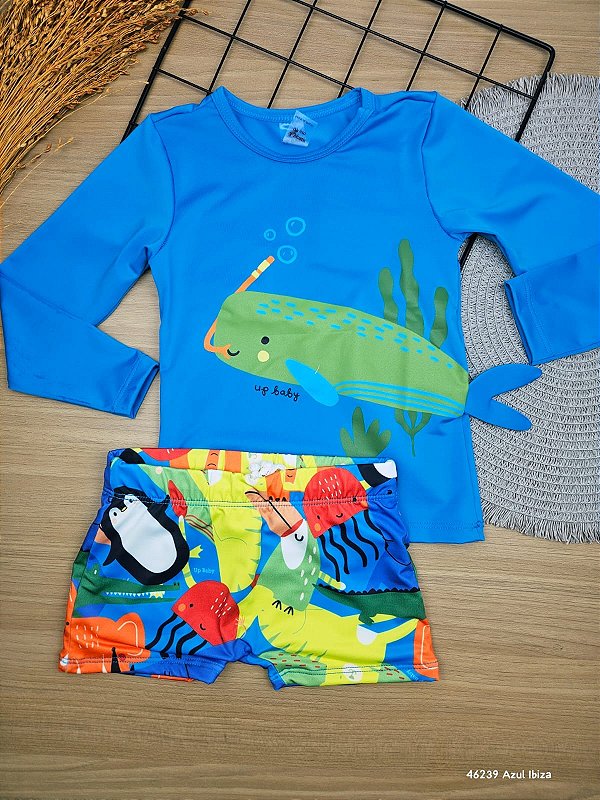 Conjunto Blusa e Sunga Moda Praia Com Proteção UV Azul Ibiza Up Baby