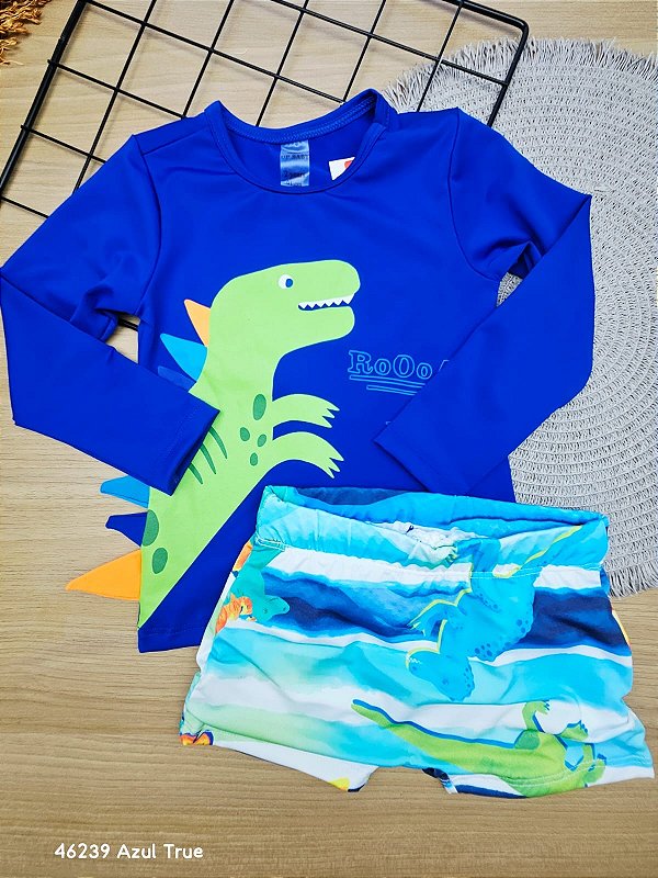 Conjunto Blusa e Sunga Moda Praia Com Proteção UV Azul True Up Baby