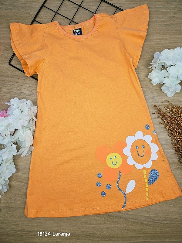 Vestido Manga Curta em Meia Malha Laranja Bee Loop