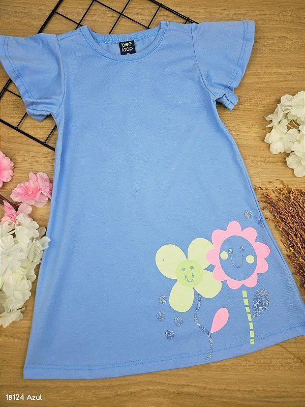 Vestido Manga Curta em Meia Malha Azul Sereno Bee Loop