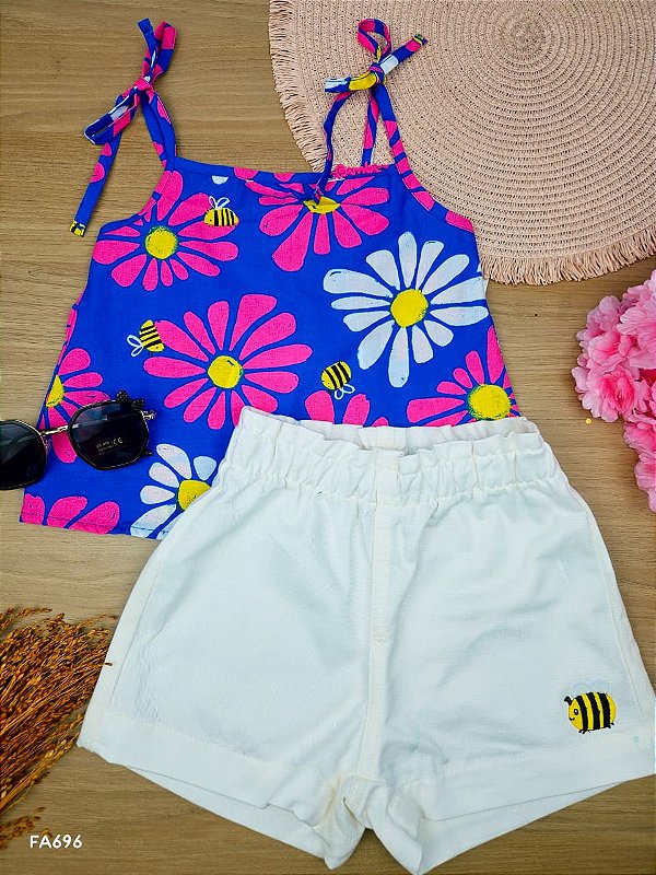 Conjunto Regata em Tricoline e Short Sarja Flores e Abelhinhas Bimbi
