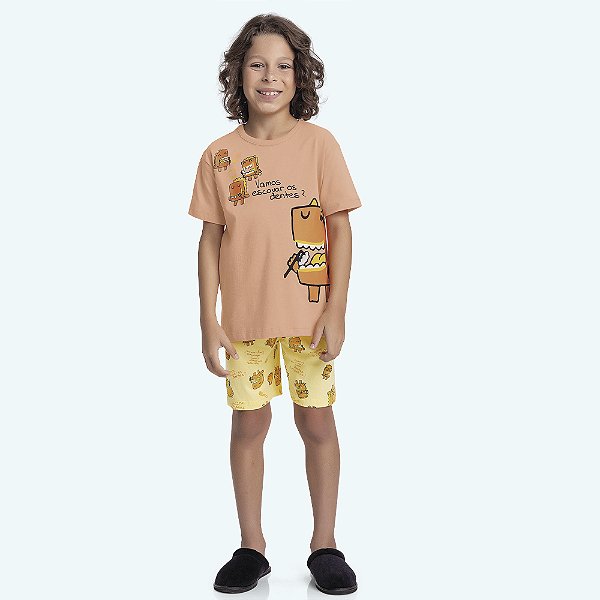 CONJUNTO CAMISETA E BERMUDA DE PIJAMA EM MALHA 100%ALGODAO MASCULINO