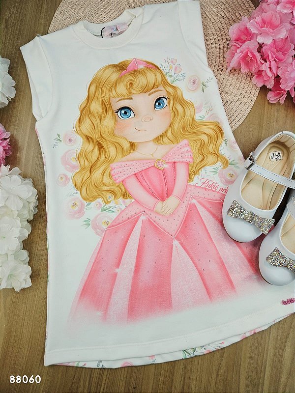Vestido em Molecotton Aurora Bela Adormecida Kukiê Infantil Menina