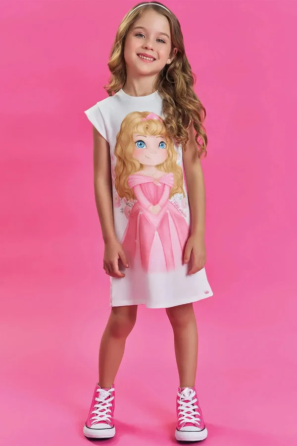 Vestido em Molecotton Aurora Bela Adormecida Kukiê Infantil Menina
