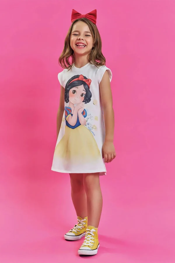 Vestido em Molecotton Branca de Neve Kukiê Infantil Menina