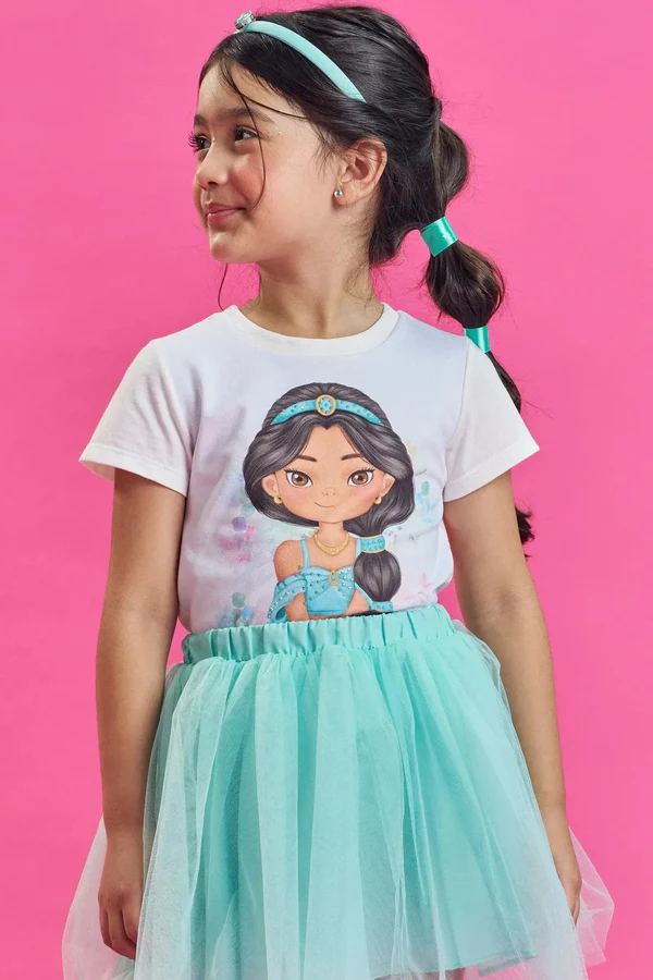 Blusa em Meia Malha Princesa Jasmine Kukiê Infantil Menina
