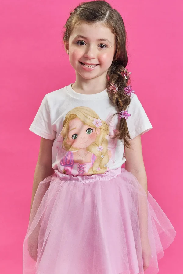 Blusa em Meia Malha Princesa Rapunzel Kukiê Infantil Menina