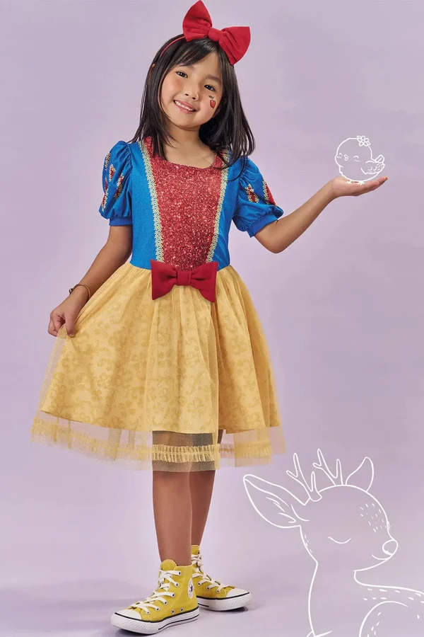 Fantasia de Princesa Branca De Neve (Vestido em Malha UV e Tule Brilho) Kukiê Infantil Menina