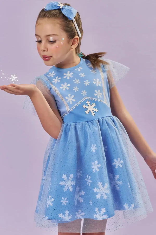 Fantasia de Princesa Do Gelo (Vestido em Malha UV e Tule Brilho - Acompanha Arco) Kukiê Infantil Menina