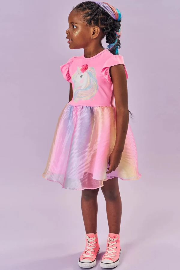 Fantasia de Unicórnio (Vestio em Malha UV Nylon e Organza) Kukiê Infantil Menina