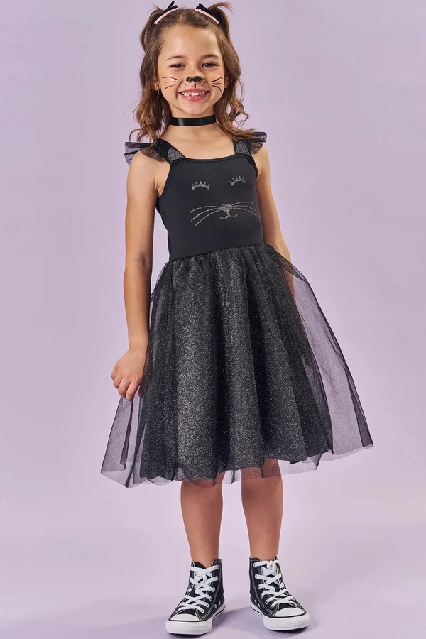 Fantasia de Gatinha (Vestido em Fly Tech Tule e Malha Brilho) Kukiê Infantil Menina