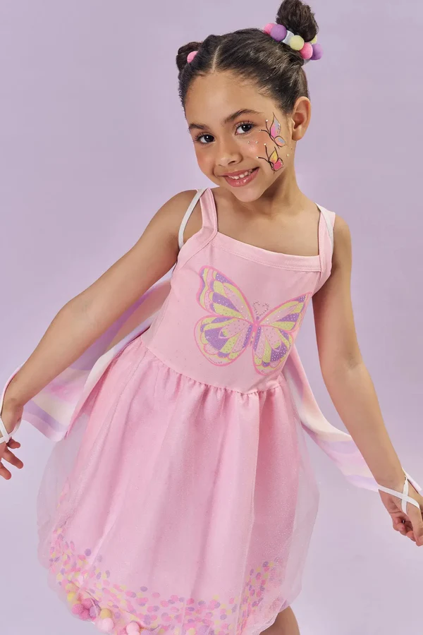 Fantasia de Borboleta (Vestido em Malha UV e Tule Brilho - Acompanha Asa) Kukiê Infantil Menina