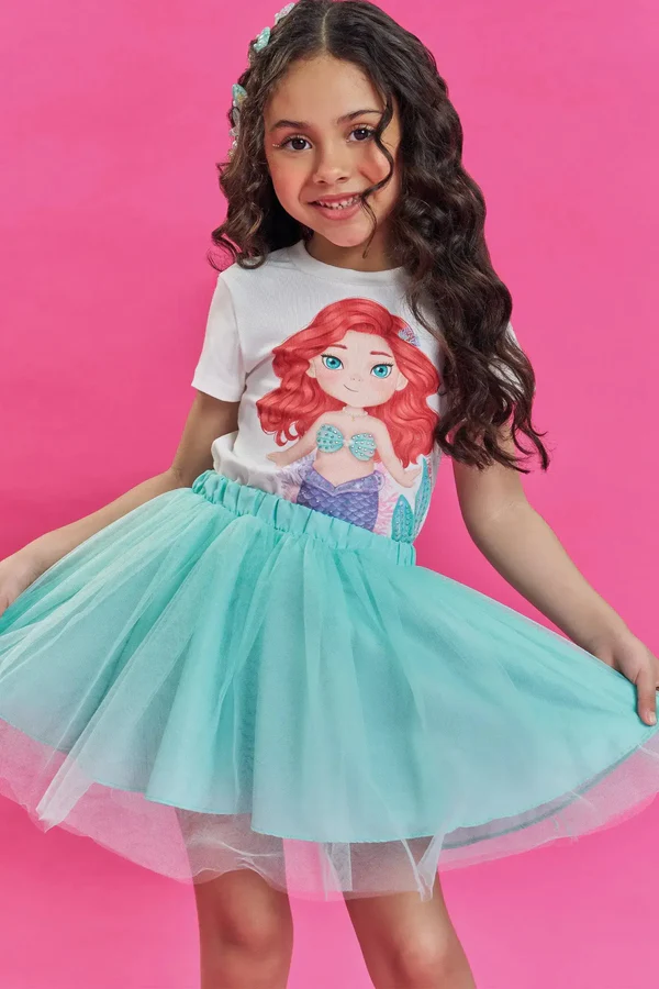 Saia em Tule Verde Água Kukiê Infantil Menina