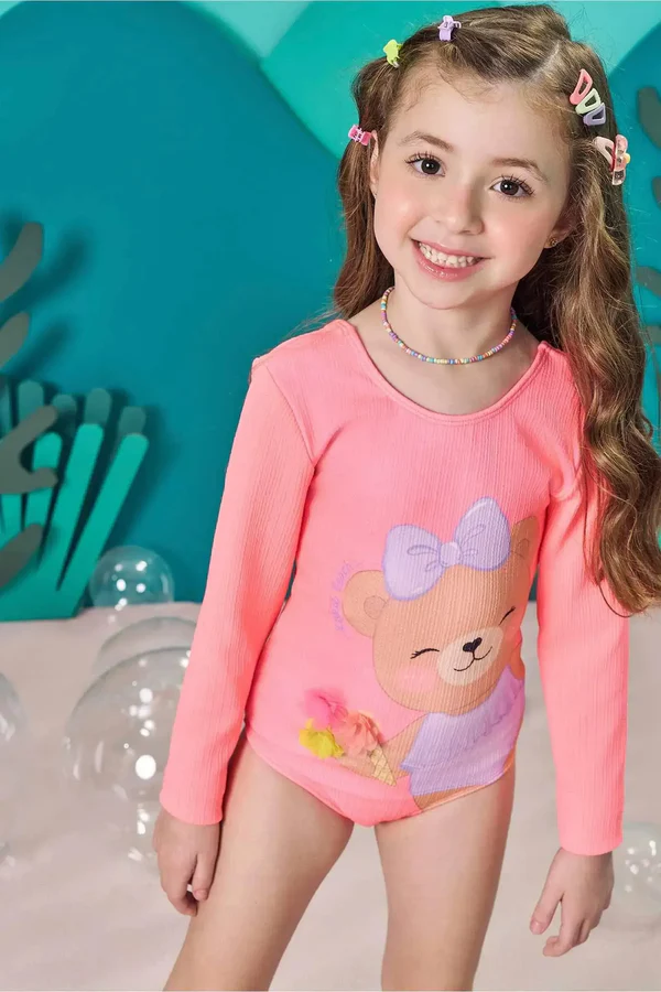Maiô em Malha Jacquard Textura com Proteção UV 50+ Kukiê Infantil Menina