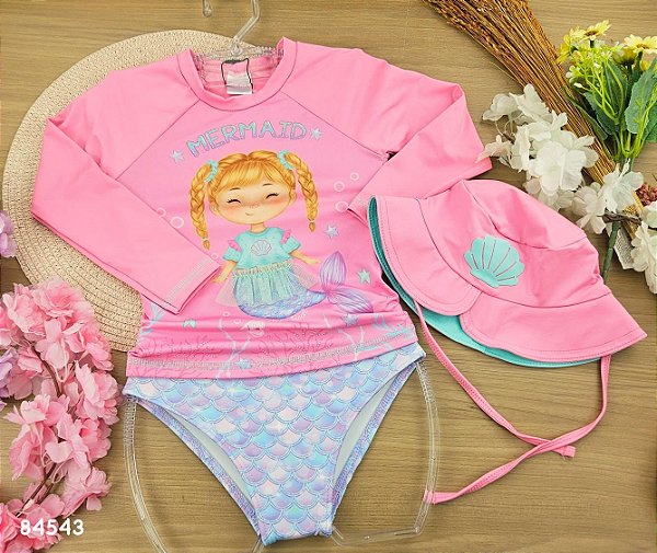 Conjunto de blusa, calcinha e chapéu em malha com proteção UV50+ Kukiê