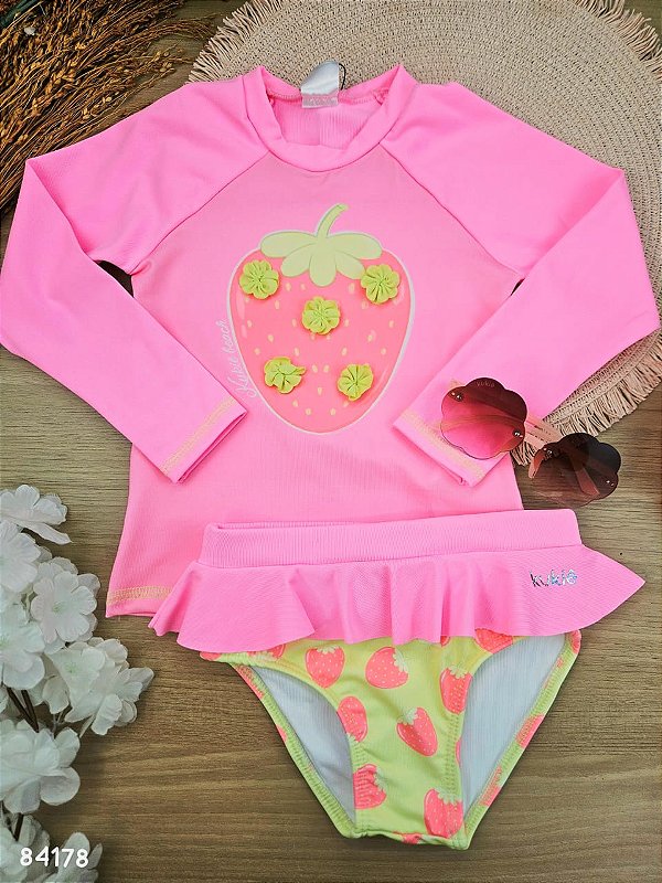 Conjunto de Blusa em Malha Poliamida e Calcinha em Malha com Proteção UV50+ Kukiê Bebê Menina