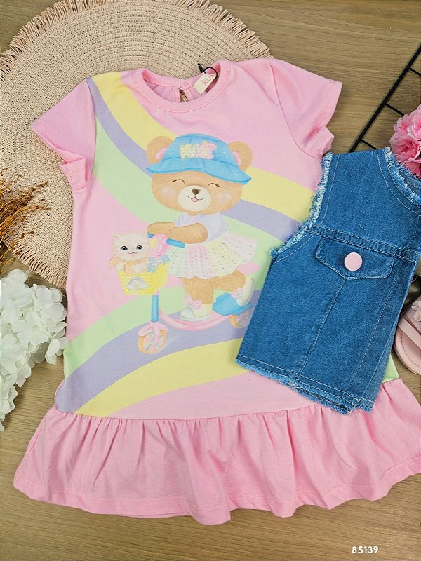 Vestido em Meia Malha e Colete em Jeans Kukiê Bebê Menina