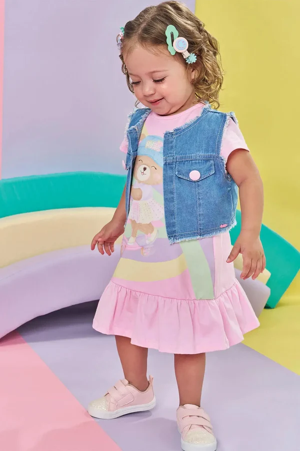 Vestido em Meia Malha e Colete em Jeans Kukiê Bebê Menina