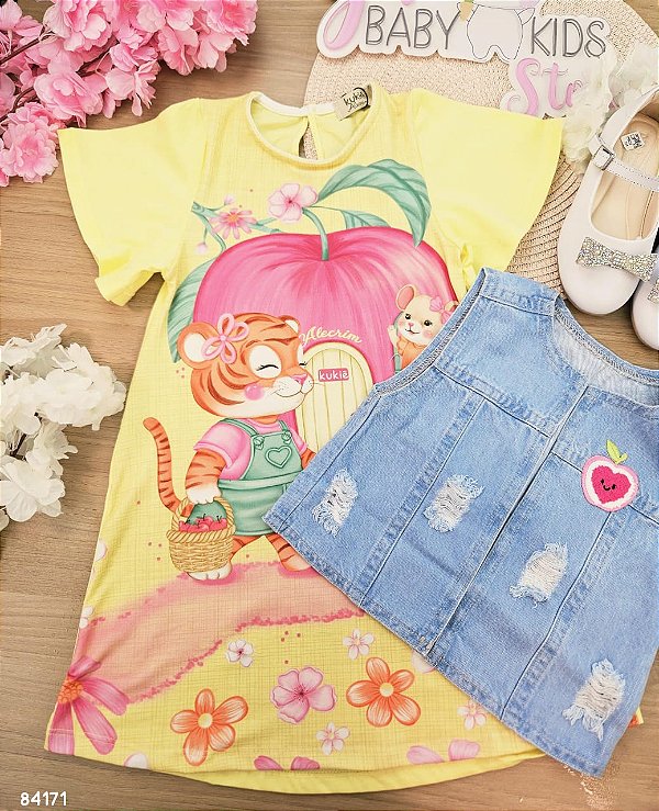 Vestido em Meia Malha e Colete em Jeans Kukiê Infantil Menina