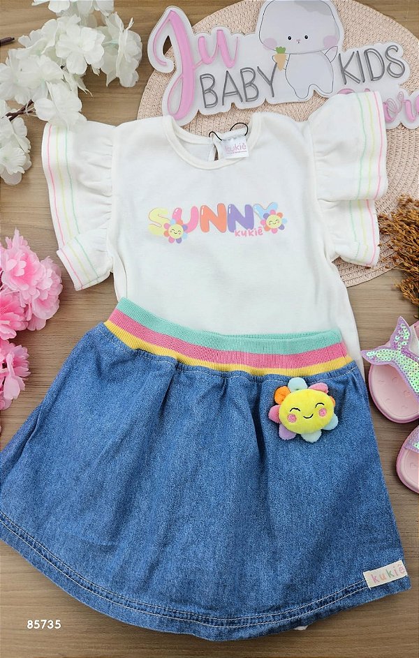 Conjunto de Body em Ribana e Short Saia em Jeans Kukiê Bebê Menina
