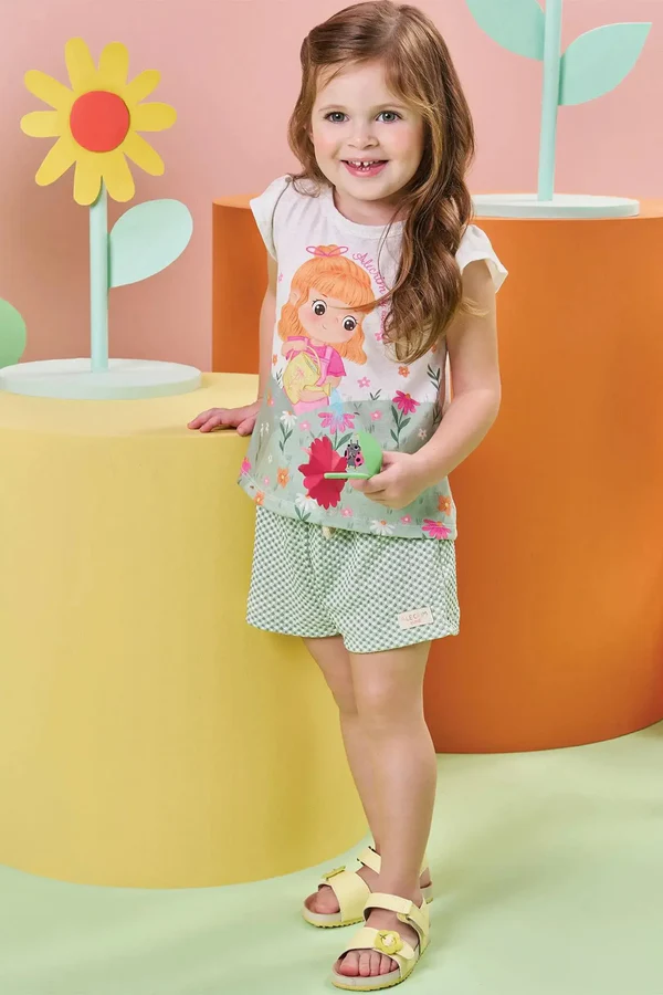 Conjunto de Bata em Malha Fresh e Shorts em Malha Vichy Textura Kukiê Bebê Menina