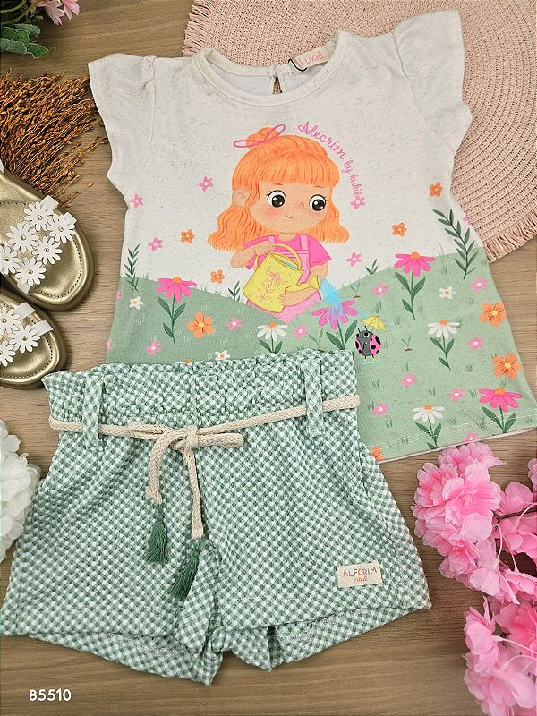 Conjunto de Bata em Malha Fresh e Shorts em Malha Vichy Textura Kukiê Bebê Menina