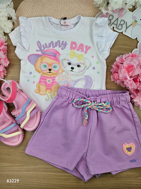 Conjunto de Blusa em Meia Malha e Shorts em Moletom Kukiê Infantil Menina