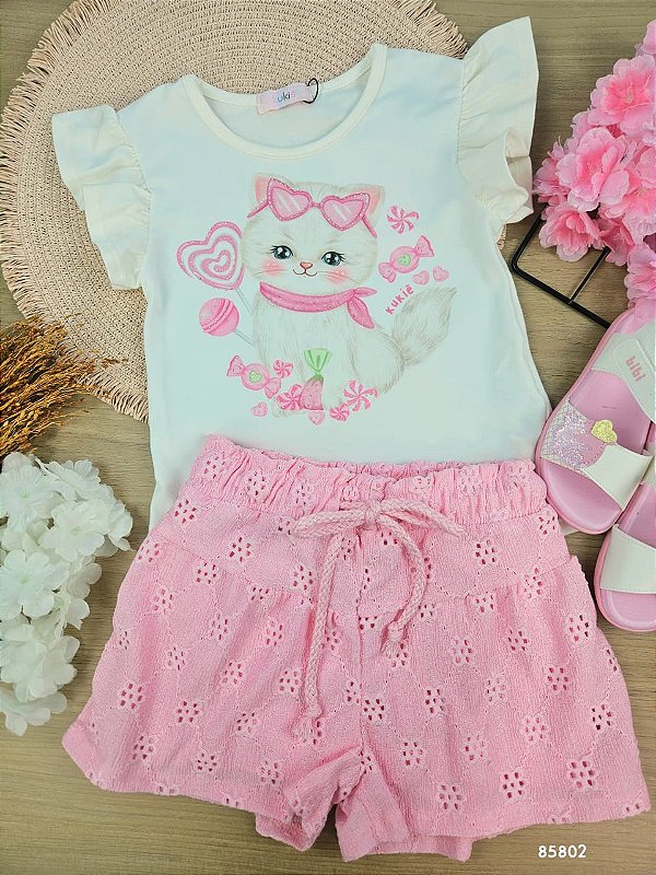 Conjunto de Bata em Tricoline com Elastano e Shorts em Malha Laise Kukiê Infantil Menina