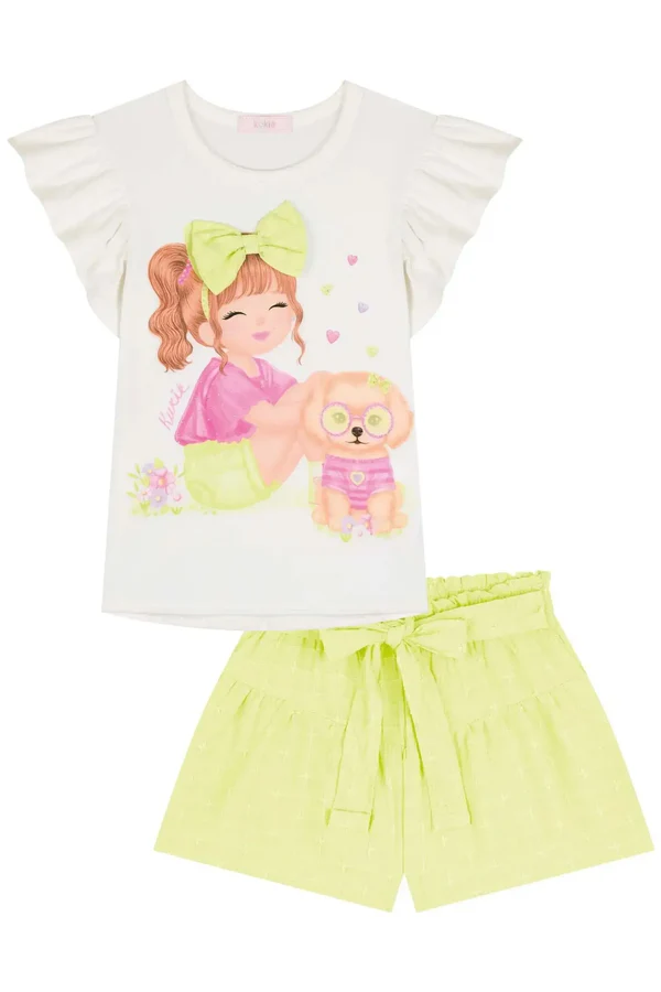 Conjunto de Blusa em Cotton e Shorts em Tricoline Bordado Kukiê Infantil Menina