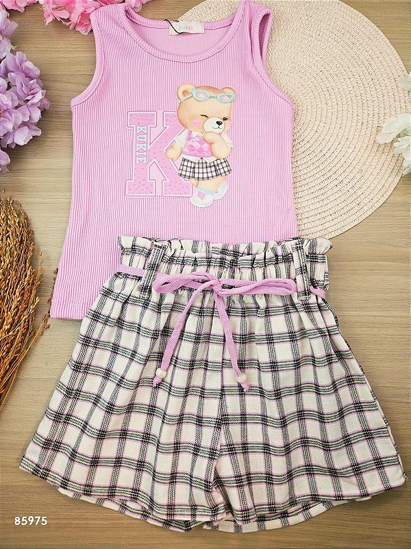 Conjunto de Regata em Soft Line e Shorts em Tecido Xadrez 100% Algodão. Kukiê Infantil Menina