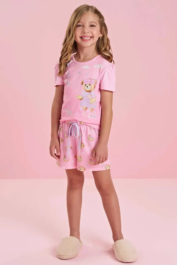 Conjunto de Pijama de Blusa em Meia Malha com Shorts e Malha Comfy Infanti Infantil Menina
