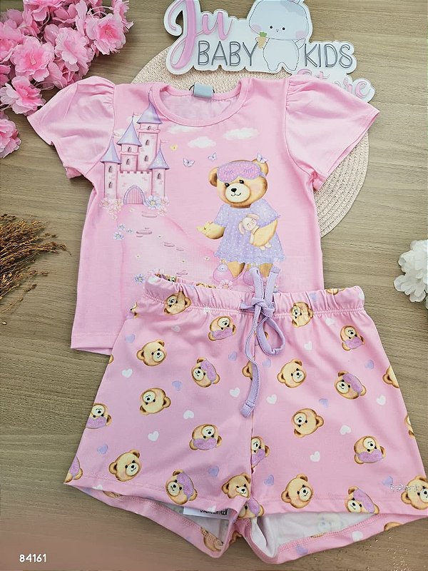 Conjunto de Pijama de Blusa em Meia Malha com Shorts e Malha Comfy Infanti Infantil Menina