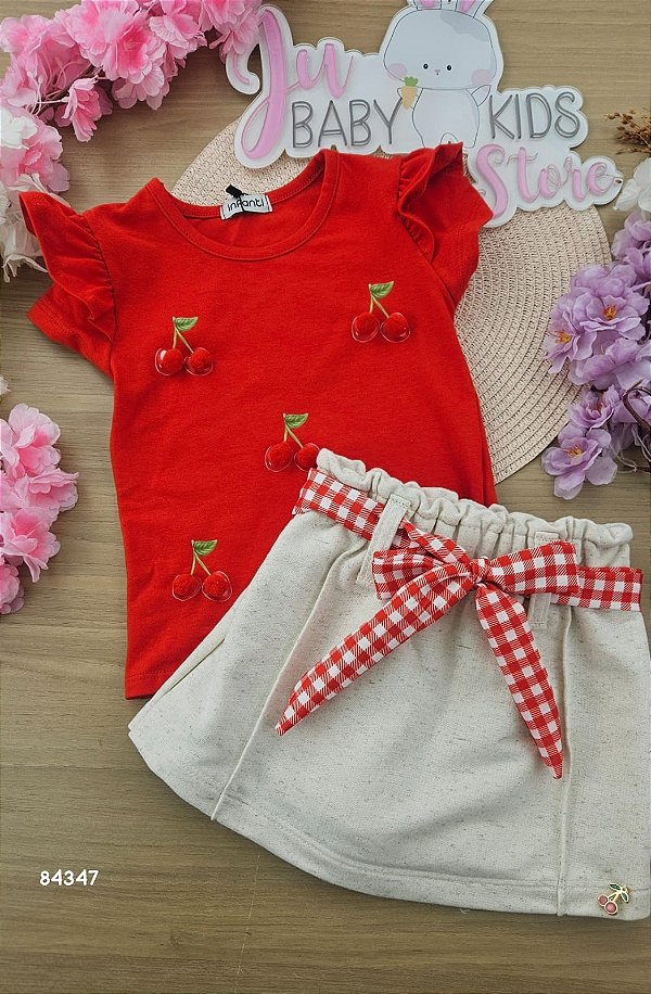 Conjunto de blusa em cotton e short saia em moletom sem pelúcia Infanti