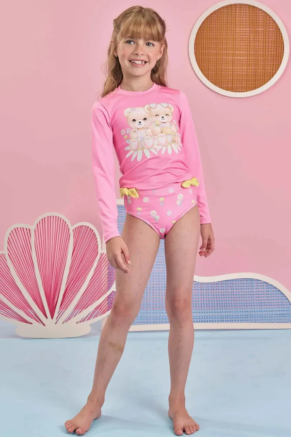 Trio de Blusa e Biquíni em Malha Uv Dry com Proteção Uv 50+ Infanti Infantil Menina