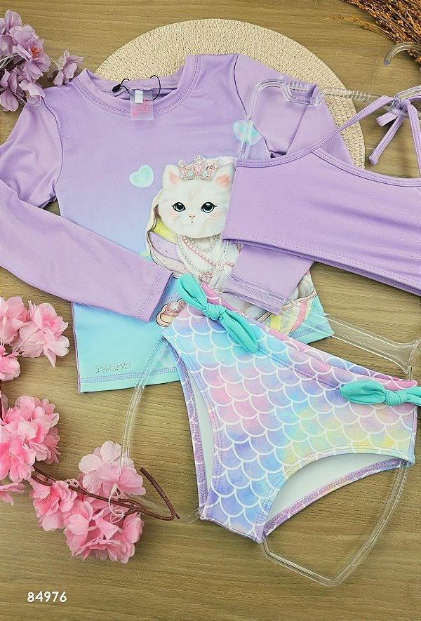 Trio de Blusa e Biquíni em Malha Uv Dry com Proteção Uv 50+ Infanti Infantil Menina