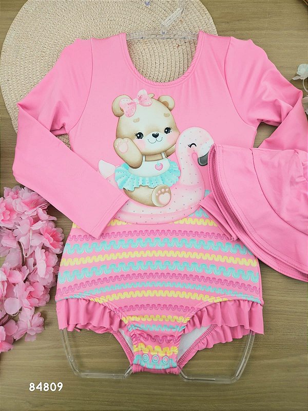 Maiô com Chapéu em Malha Uv Dry com Proteção Uv 50+ Infanti Bebê Menina